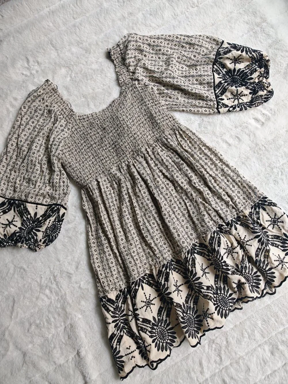 Tribal Femme French Oak Embroidered Mini Dress 2-Way Wear Boho Smocked Dress L - Picture 4 of 15